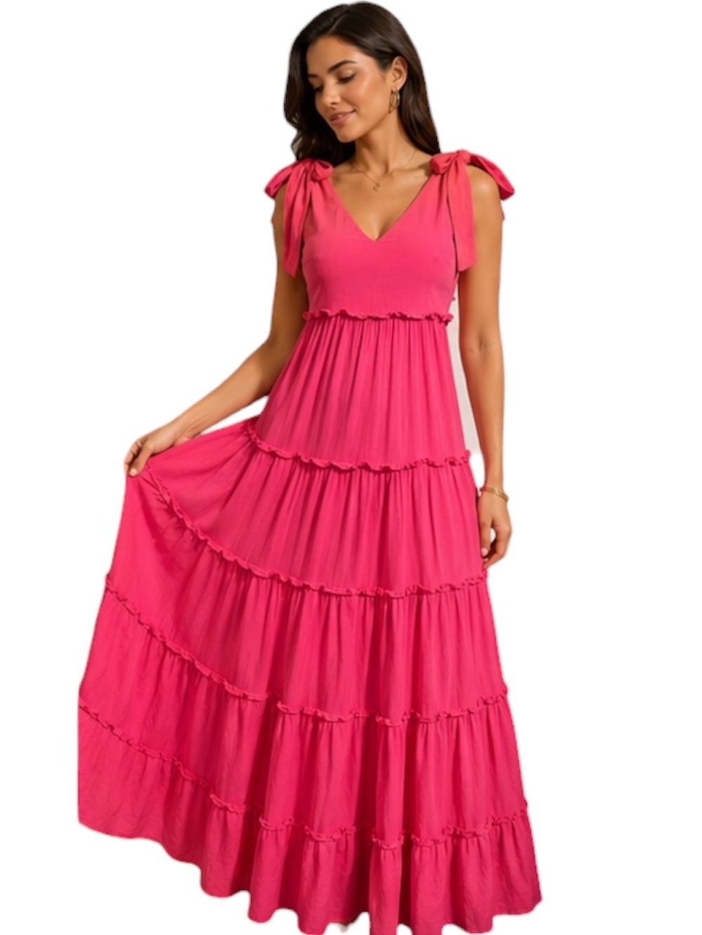 NWT LOVE, BONITO Women’s Sleeveless Tie-Shoulder Pink Tiered Maxi Dress